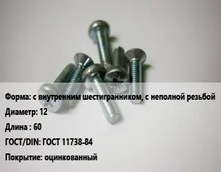 Винт с внутренним шестигранником, с неполной резьбой 12х60 ГОСТ 11738-84 оцинкованный